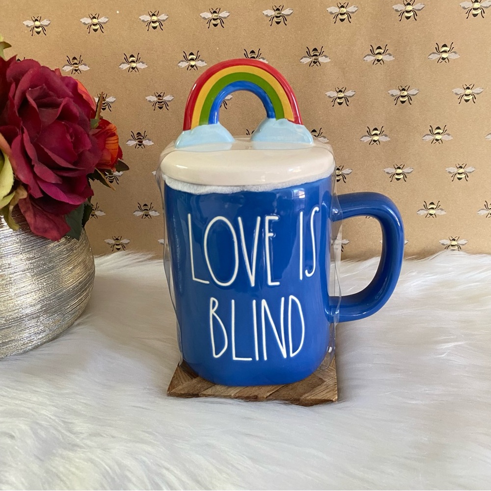 Rae Dunn LOVE IS BLIND Mug With Rainbow Topper